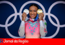 Rebeca Andrade com as medalhas das Olimpíadas. (Foto: Ricardo Bufolin/ Panamerica Press/ CBG)